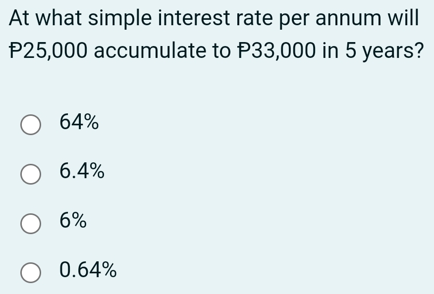 At what simple interest rate per annum will
P25,000 accumulate to P33,000 in 5 years?
64%
6.4%
6%
0.64%