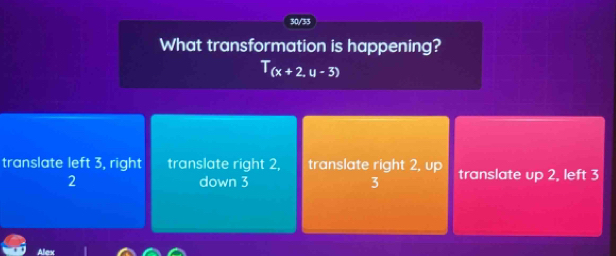 30/33
What transformation is happening?
T_(x+2,u-3)
translate left 3, right translate right 2, translate right 2, up translate up 2, left 3
2 down 3 3