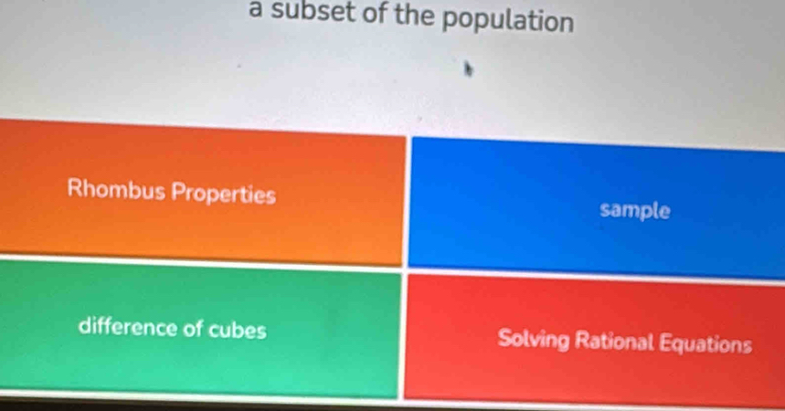 a subset of the population 
Rhombus Properties sample 
difference of cubes Solving Rational Equations