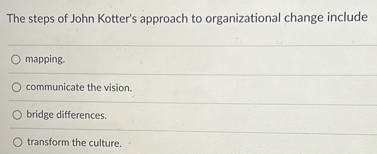 The steps of John Kotter's approach to organizational change include
mapping.
communicate the vision.
bridge differences.
transform the culture.