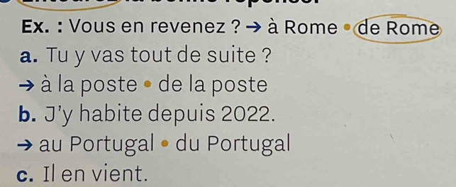 Ex. : Vous en revenez ? → à Rome·de Rome
a. Tu y vas tout de suite ?
à la poste » de la poste
b. J’y habite depuis 2022.
au Portugal • du Portugal
c. Il en vient.