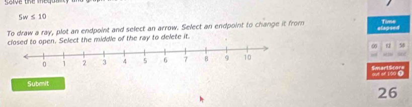 salve the mequality
5w ≤ 10
Tume 
To draw a ray, plot an endpoint and select an arrow. Select an endpoint to change it from elapsed 
o open. Select the middle of the ray to delete it.
0 12 58
mn e 
SmartScore 
Submit out of 100 7
26