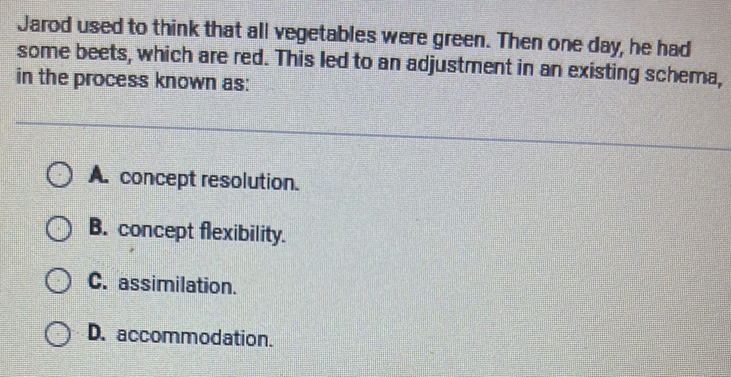 Jarod used to think that all vegetables were green. Then one day, he had
some beets, which are red. This led to an adjustment in an existing schema,
in the process known as:
A. concept resolution.
B. concept flexibility.
C. assimilation.
D. accommodation.