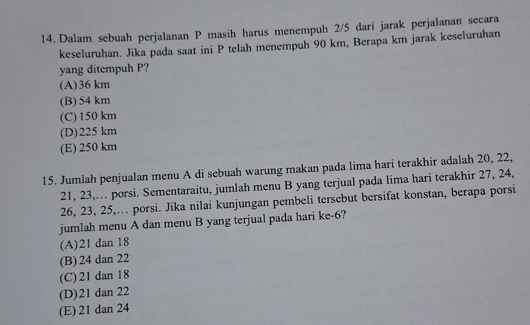 Dalam sebuah perjalanan P masih harus menempuh 2/5 dari jarak perjalanan secara
keseluruhan. Jika pada saat ini P telah menempuh 90 km, Berapa km jarak keseluruhan
yang ditempuh P?
(A) 36 km
(B) 54 km
(C) 150 km
(D) 225 km
(E) 250 km
15. Jumlah penjualan menu A di sebuah warung makan pada lima hari terakhir adalah 20, 22,
21, 23,… porsi. Sementaraitu, jumlah menu B yang terjual pada lima hari terakhir 27, 24,
26, 23, 25,.. porsi. Jika nilai kunjungan pembeli tersebut bersifat konstan, berapa porsi
jumlah menu A dan menu B yang terjual pada hari ke -6?
(A) 21 dan 18
(B) 24 dan 22
(C) 21 dan 18
(D) 21 dan 22
(E) 21 dan 24