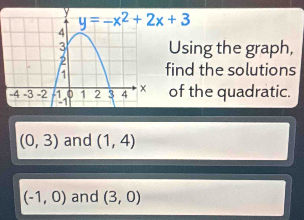 Using the graph,
find the solutions
of the quadratic.
(0,3) and (1,4)
(-1,0) and (3,0)