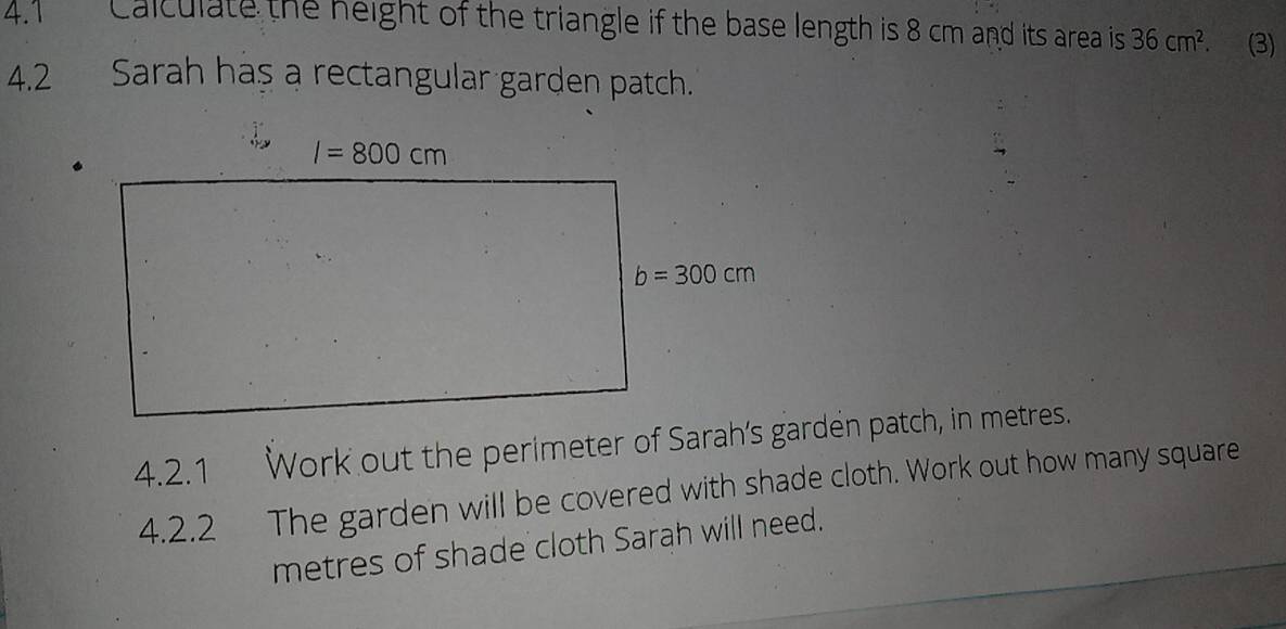 4.1 Calculate the neight of the triangle if the base length is 8 cm and its area is 36cm^2. (3)
4.2 Sarah haș a rectangular garden patch.
4.2.1 Work out the perimeter of Sarah's garden patch, in metres.
4.2.2 The garden will be covered with shade cloth. Work out how many square
metres of shade cloth Sarah will need.