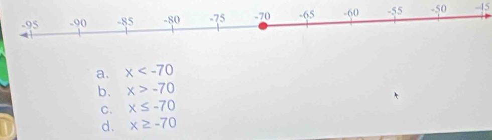 -45
a. x
b. x>-70
C. x≤ -70
d. x≥ -70