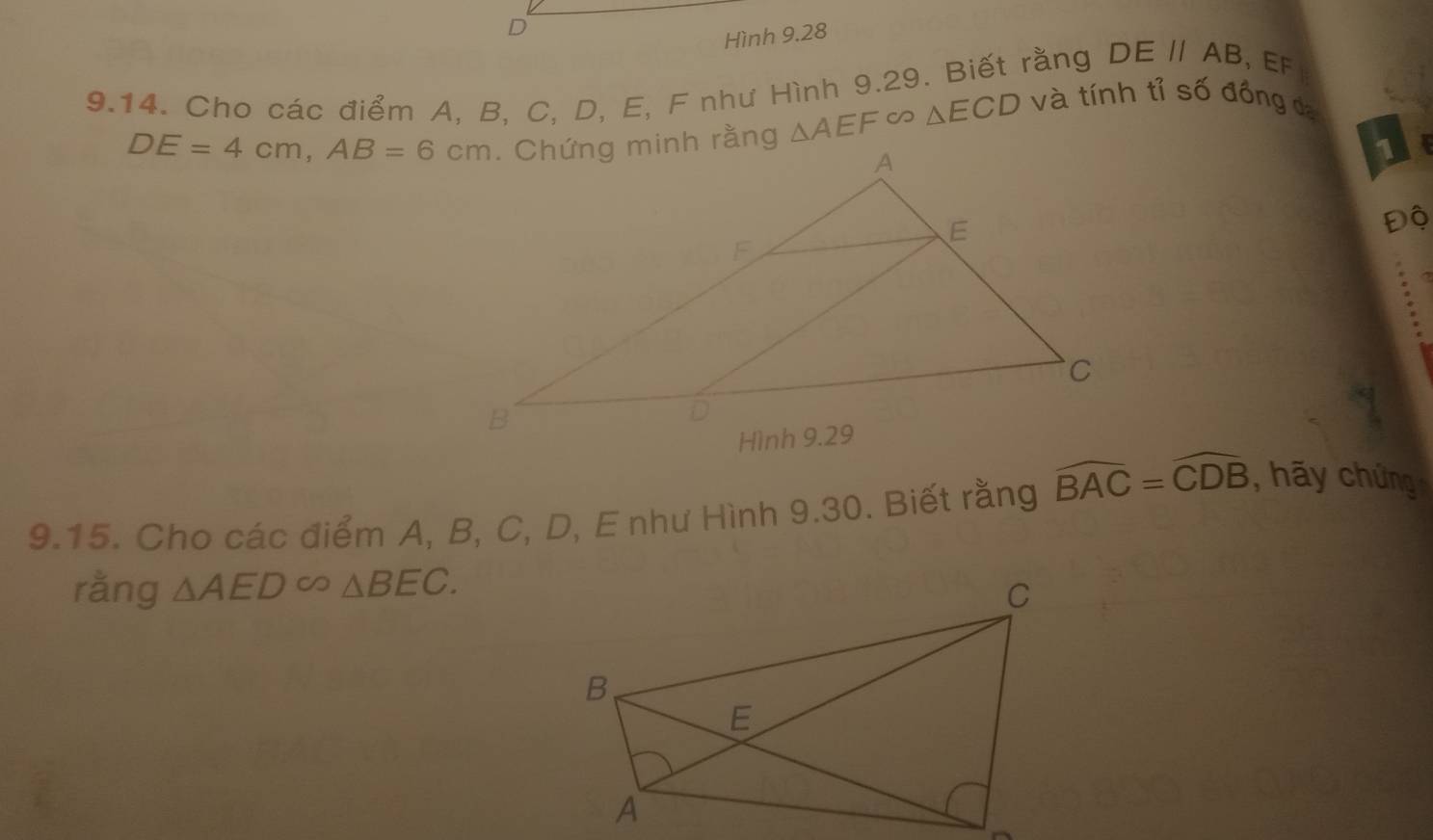 D
Hình 9.28 
9.14. Cho các điểm A, B, C, D, E, F như Hình 9.29. Biết rằng DE//AB ，EF
DE=4cm, AB=6cm △ AEF ~ △ ECD và tính tỉ số đồng da
Độ 
9.15. Cho các điểm A, B, C, D, E như Hình 9.30. Biết rằng widehat BAC=widehat CDB , hãy chứng 
rằng △ AED∈fty △ BEC.