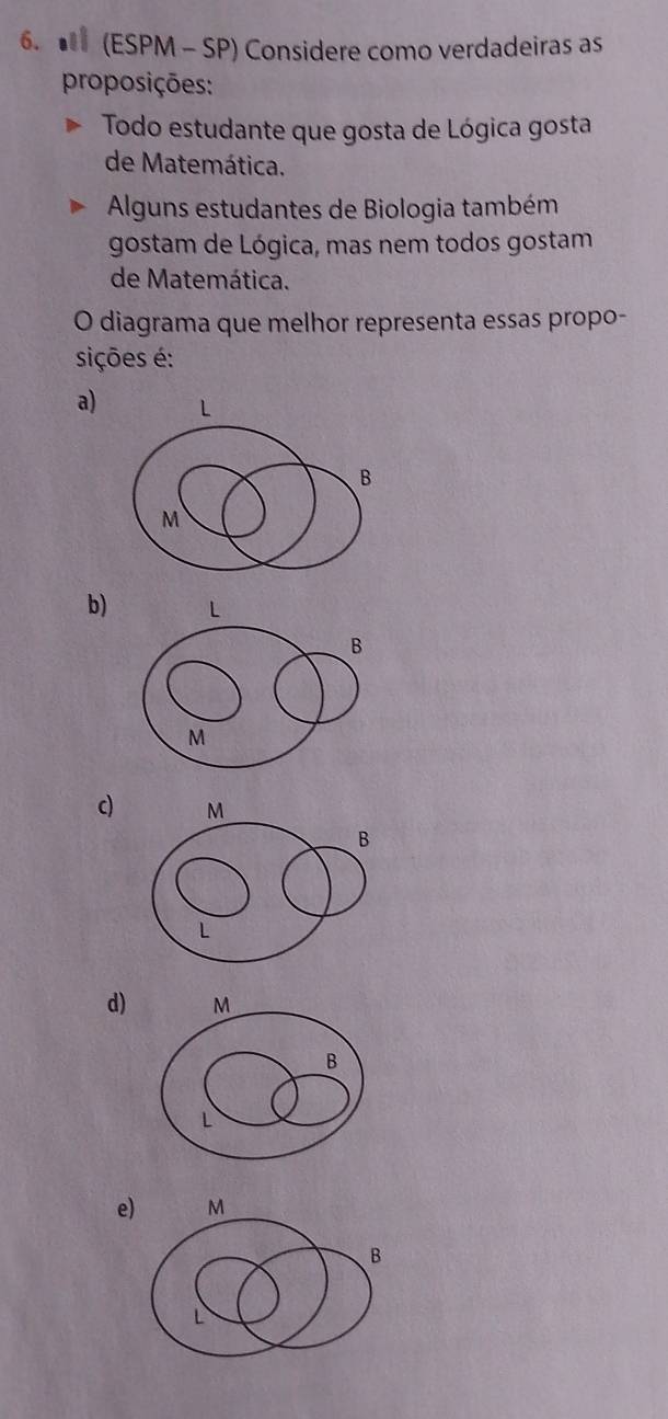 (ESPM - SP) Considere como verdadeiras as
proposições :
Todo estudante que gosta de Lógica gosta
de Matemática.
Alguns estudantes de Biologia também
gostam de Lógica, mas nem todos gostam
de Matemática.
O diagrama que melhor representa essas propo-
sições é:
a)
b)
c)
d)
e)