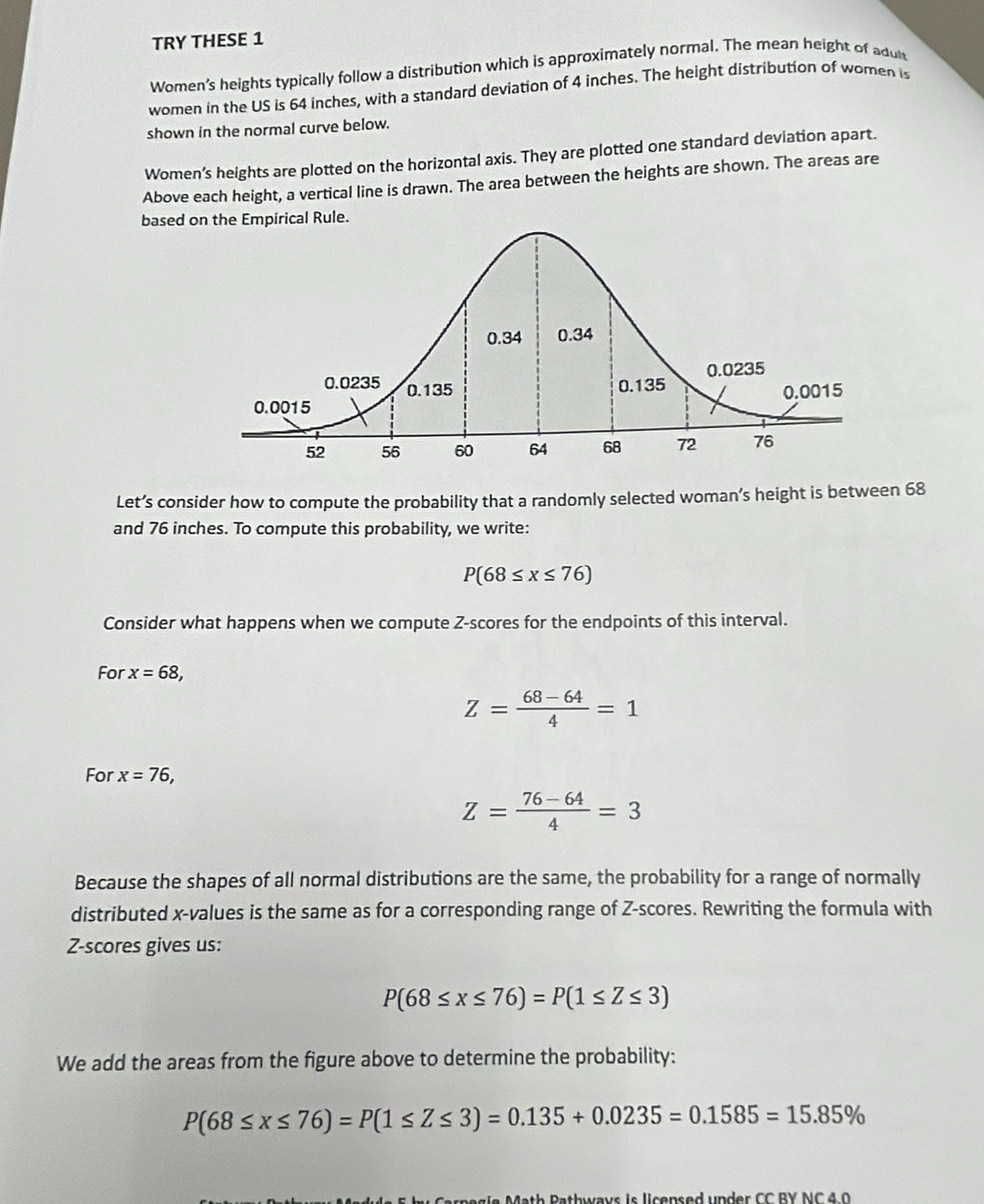 TRY THESE 1 
Women's heights typically follow a distribution which is approximately normal. The mean height of adult 
women in the US is 64 inches, with a standard deviation of 4 inches. The height distribution of women is 
shown in the normal curve below. 
Women’s heights are plotted on the horizontal axis. They are plotted one standard deviation apart. 
Above each height, a vertical line is drawn. The area between the heights are shown. The areas are 
based o Rule. 
Let’s consider how to compute the probability that a randomly selected woman’s height is between 68
and 76 inches. To compute this probability, we write:
P(68≤ x≤ 76)
Consider what happens when we compute Z-scores for the endpoints of this interval. 
For x=68,
Z= (68-64)/4 =1
For x=76,
Z= (76-64)/4 =3
Because the shapes of all normal distributions are the same, the probability for a range of normally 
distributed x -values is the same as for a corresponding range of Z-scores. Rewriting the formula with 
Z-scores gives us:
P(68≤ x≤ 76)=P(1≤ Z≤ 3)
We add the areas from the figure above to determine the probability:
P(68≤ x≤ 76)=P(1≤ Z≤ 3)=0.135+0.0235=0.1585=15.85%
th Rathways is licensed under CC BY NC 4.0