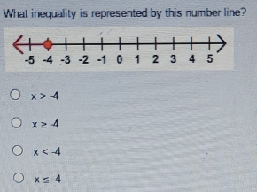 What inequality is represented by this number line?
x>-4
x≥ -4
x
x≤ -4