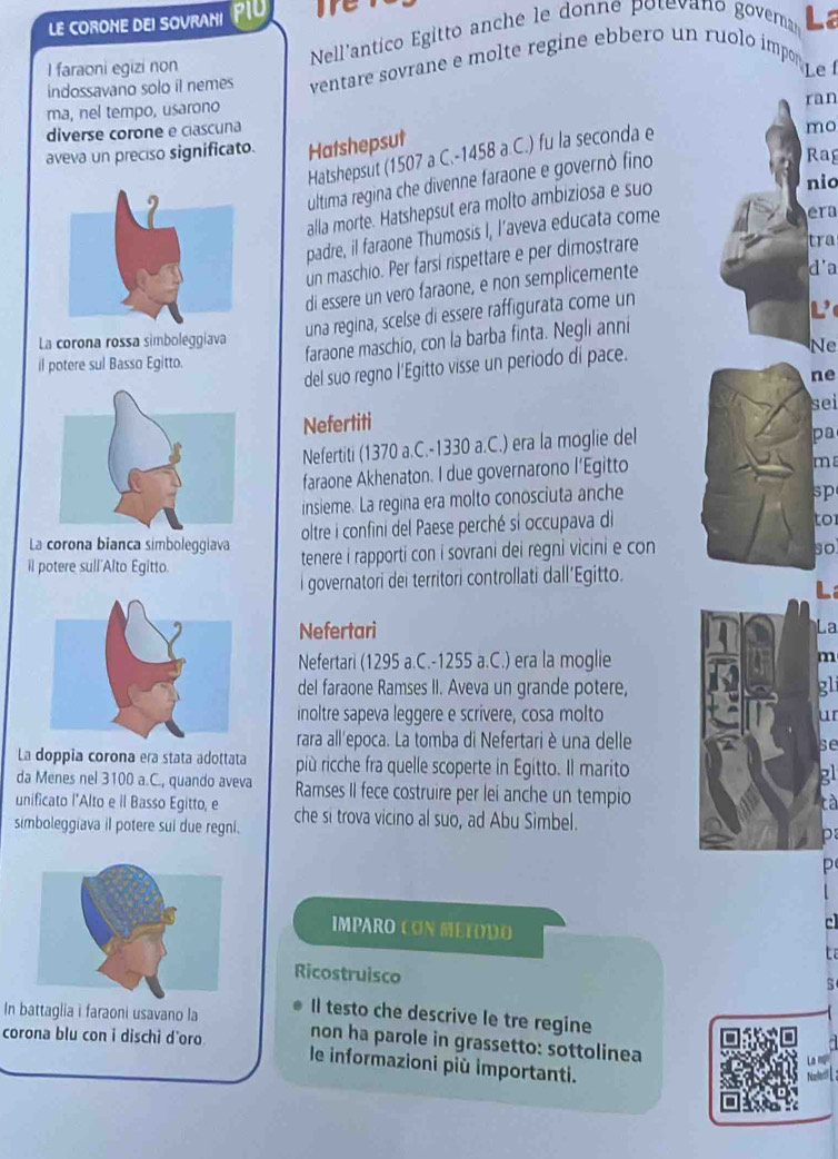 LE COROHE DEI SOVRANI PIU
Nel'antico Égitto anche le donne p ote ano gover La
I faraoni egizi non
indossavano solo il nemes  ventare sovrane e molte regine ebbero un ruolo impon
ma, nel tempo, usarono Le f ran
diverse corone e clascuna
aveva un preciso significato. Hatshepsut
Hatshepsut (1507 a C.-1458 a.C.) fu la seconda e
mo
ultima regina che divenne faraone e governò fino
Rag
alla morte. Hatshepsut era molto ambiziosa e suo
nio
padre, il faraone Thumosis I, l’aveva educata come
era
un maschio. Per farsí rispettare e per dimostrare
tra
di essere un vero faraone, e non semplicemente d'a
una regina, scelse di essere raffigurata come un
L
faraone maschio, con la barba finta. Negli anni
La corona rossa simboleggiava
Ne
il potere sul Basso Egitto.
del suo regno l'Egitto visse un periodo di pace.
ne
Nefertiti sei
Nefertiti (1370 a.C.-1330 a.C.) era la moglie del
pa
faraone Akhenaton. I due governarono l’Egitto
m
insieme. La regina era molto conosciuta anche
sp
oltre i confini del Paese perché sí occupava di
to
La corona bianca simboleggiava so
il potere sull'Alto Egitto. tenere i rapporti con i sovrani dei regni vicini e con
l governatori dei territori controllati dall’Egitto.
L
Nefertari
La
Nefertari (1295 a.C.-1255 a.C.) era la mogliem
del faraone Ramses II. Aveva un grande potere,gli
inoltre sapeva leggere e scrivere, cosa moltour
rara all'epoca. La tomba di Nefertari è una delle
se
La doppia corona era stata adottata più ricche fra quelle scoperte in Egitto. Il maritog
da Menes nel 3100 a.C., quando aveva Ramses II fece costruire per lei anche un tempio
tà
unificato l"Alto e il Basso Egitto, e che si trova vicino al suo, ad Abu Sìmbel.p
simboleggiava il potere sui due regni.
p
IMPARO CON MEïDDO
cl
Ricostruisco
I testo che descrive le tre regine
In battaglia i faraoni usavano la non ha parole in grassetto: sottolinea
corona blu con i dischi d'oro  le informazioni più importanti.
La mp
Neled