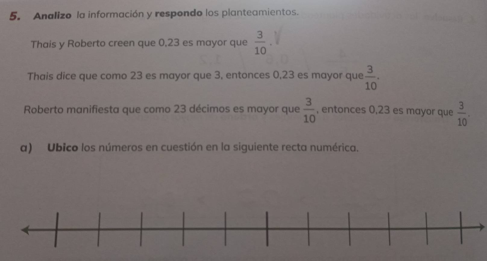 Analizo la información y respondo los planteamientos. 
Thais y Roberto creen que 0,23 es mayor que  3/10 . 
Thais dice que como 23 es mayor que 3, entonces 0,23 es mayor que  3/10 . 
Roberto manifiesta que como 23 décimos es mayor que  3/10  , entonces 0,23 es mayor que  3/10 . 
a) Ubico los números en cuestión en la siguiente recta numérica.