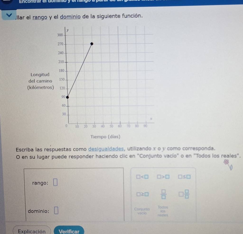 Encontrar el dominio y eran 
ullar el rango y el dominio de la siguiente función. 
Longitud 
del camino 
(kilómetros 
Tiempo (dias) 
Escriba las respuestas como desigualdades, utilizando x o y como corresponda. 
O en su lugar puede responder haciendo clic en "Conjunto vacío' o en ''Todos los reales'.
□ □ >□ □ ≤ □
rango: □
□ ≥ □  □ /□   □  □ /□  
dominio: □ Conjunto Todos 
los 
vacio reates 
Explicación Verificar