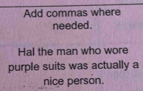 Add commas where 
needed. 
Hal the man who wore 
purple suits was actually a 
nice person.