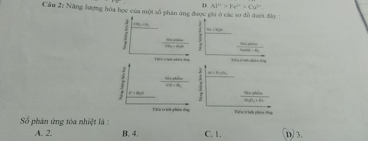 D. Al^(3+)>Fe^(2+)>Cu^(2+). 
Câu 2: Năng lượng hóa học của một số phản ứng được ghi ở các sơ đồ dưới đây :
1 CH_4+O_2
Na+H_2O
frac sin i_1u_mCO_mcos _2
frac SinphimNaOH+H_2
Tiến trình phản ứng Tiền trình phân ứng
Al+Fe_2O_3
Sản phẩm
CO+H_2
C+H_2O
frac SinphimAl_2O_3+Fe
Tiểu trình phân ứng Tiến trình phân ứng
Số phản ứng tỏa nhiệt là :
A. 2. B. 4. C. 1. D. 3.