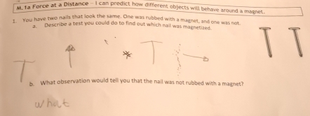 fa Force at a Distance - I can predict how different objects will behave around a magnet. 
t You have two nails that look the same. One was rubbed with a magnet, and one was not 
a Describe a test you could do to find out which nail was magnetized. 
h What observation would tell you that the nail was not rubbed with a magnet?