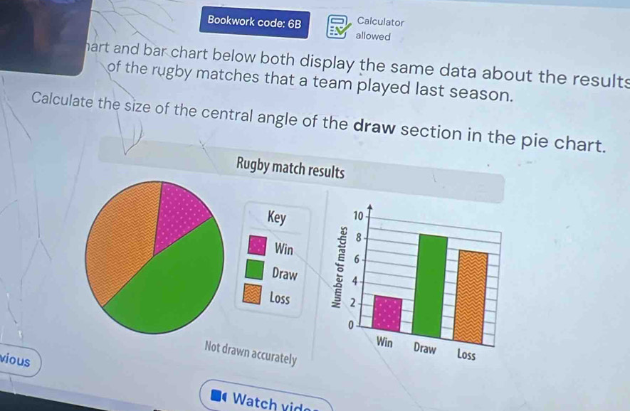 Bookwork code: 6B Calculator 
allowed 
hart and bar chart below both display the same data about the results 
of the rugby matches that a team played last season. 
Calculate the size of the central angle of the draw section in the pie chart. 
Rugby match results 


Not drawn accurately 
vious 
Watch vid