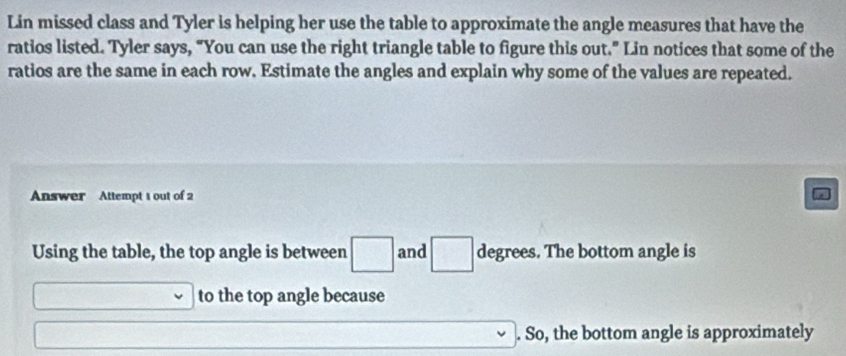 Lin missed class and Tyler is helping her use the table to approximate the angle measures that have the 
ratios listed. Tyler says, “You can use the right triangle table to figure this out.” Lin notices that some of the 
ratios are the same in each row. Estimate the angles and explain why some of the values are repeated. 
Answer Attempt 1 out of 2 
Using the table, the top angle is between □ and □ degrees. The bottom angle is
□ to the top angle because
10^(□)
frac  . So, the bottom angle is approximately