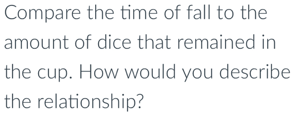 Compare the time of fall to the 
amount of dice that remained in 
the cup. How would you describe 
the relationship?