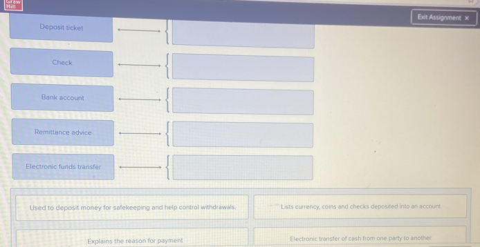 Exit Assignment x 
Deposit ticket 
Check 
Bank account 
Remittance advice 
Electronic funds transfe 
Used to deposit money for safekeeping and help control withdrawals. Lists currency, coins and checks deposited into an account 
Explains the reason for payment Electronic transfer of cash from one party to another