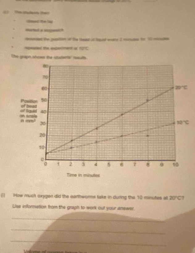 The dadasis (en

f(0^C
The grapn shoses the studer a' results.
Pos
of bead
of l
on s
inm^3
(i) How much oxygen did the earthworms take in during the 10 minutes at 20°C ?
Lise information from the graph to work out your answer.
_
_
_