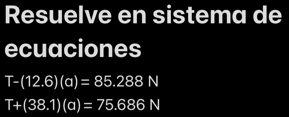 Resuelve en sistema de 
ecuaciones
T-(12.6)(a)=85.288N
T+(38.1)(a)=75.686N