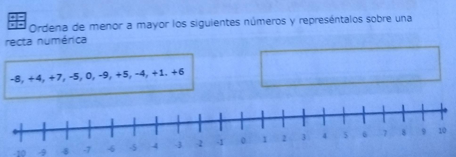 Ordena de menor a mayor los siguientes números y represéntalos sobre una 
recta numérica
-8, +4, +7, -5, 0, -9, +5, -4, +1. +6
-10 -9 8