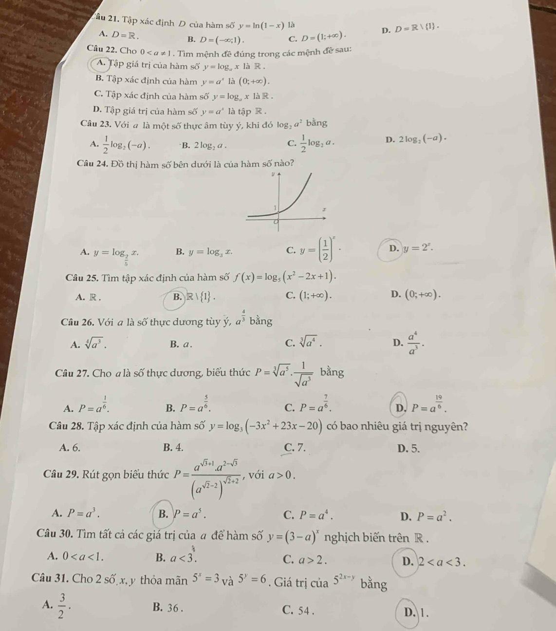 2âu 21. Tập xác định D của hàm số y=ln (1-x) là
D. D=R/ 1 .
A. D=R. B. D=(-∈fty ;1). C. D=(1;+∈fty ).
Câu 22. Cho 0. Tìm mệnh đề đúng trong các mệnh đề sau:
A. Tập giá trị của hàm số y=log _ax 1 R.
B. Tập xác định của hàm y=a^x là (0;+∈fty ).
C. Tập xác định của hàm số y=log _axlaR.
D. Tập giá trị của hàm số y=a^x là tập R .
Câu 23. Với a là một số thực âm tùy ý, khi đó log _2a^2 bằng
A.  1/2 log _2(-a). B. 2log _2a.
C.  1/2 log _2a. D. 2log _2(-a).
Câu 24. Đồ thị hàm số bên dưới là của hàm số nào?
A. y=log _ 2/5 x.
B. y=log _3x. C. y=( 1/2 )^x· D. y=2^x.
Câu 25. Tìm tập xác định của hàm số f(x)=log _5(x^2-2x+1).
A. R . B. R  1 . C. (1;+∈fty ). D. (0;+∈fty ).
Câu 26. Với a là số thực dương tùy y,a^(frac 4)3 bằng
A. sqrt[4](a^3). B. a . C. sqrt[3](a^4). D.  a^4/a^3 .
Câu 27. Cho a là số thực dương, biểu thức P=sqrt[3](a^5)·  1/sqrt(a^3)  bằng
A. P=a^(frac 1)6. P=a^(frac 5)6. P=a^(frac 7)6. P=a^(frac 19)6.
B.
C.
D,
Câu 28. Tập xác định của hàm số y=log _3(-3x^2+23x-20) có bao nhiêu giá trị nguyên?
A. 6. B. 4. C. 7. D. 5.
Câu 29. Rút gọn biểu thức P=frac a^(sqrt(3)+1)· a^(2-sqrt(3))(a^(sqrt(2)-2))^sqrt(2)+2 , với a>0.
A. P=a^3. B. P=a^5. C. P=a^4. D. P=a^2.
Câu 30. Tìm tất cả các giá trị của a để hàm số y=(3-a)^x nghịch biến trên R .
A. 0 B. a<3.
C. a>2. D. 2
Câu 31. Cho 2 số x, y thỏa mãn 5^x=3 và 5^y=6. Giá trị của 5^(2x-y) bằng
A.  3/2 . B. 36 . C. 54 . D. 1 .