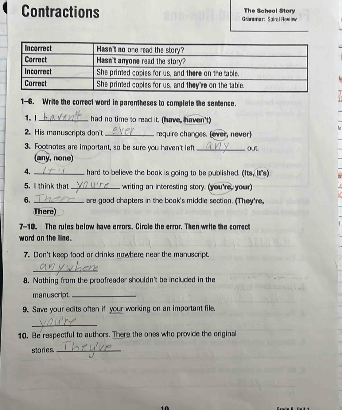 Contractions The School Story 
Grammar: Spiral Review 
1-6. Write the correct word in parentheses to complete the sentence. 
1. l_ had no time to read it. (have, haven't) 
1a 
2. His manuscripts don't_ require changes. (ever, never) 
3. Footnotes are important, so be sure you haven't left _out. 
(any, none) 
4. _hard to believe the book is going to be published. (Its, It's) 
5. I think that _writing an interesting story. (you're, your) 
6. _are good chapters in the book's middle section. (They're, 
There) 
7-10. The rules below have errors. Circle the error. Then write the correct 
word on the line. 
7. Don't keep food or drinks nowhere near the manuscript. 
_ 
8. Nothing from the proofreader shouldn't be included in the 
manuscript._ 
9. Save your edits often if your working on an important file. 
_ 
10. Be respectful to authors. There the ones who provide the original 
stories._