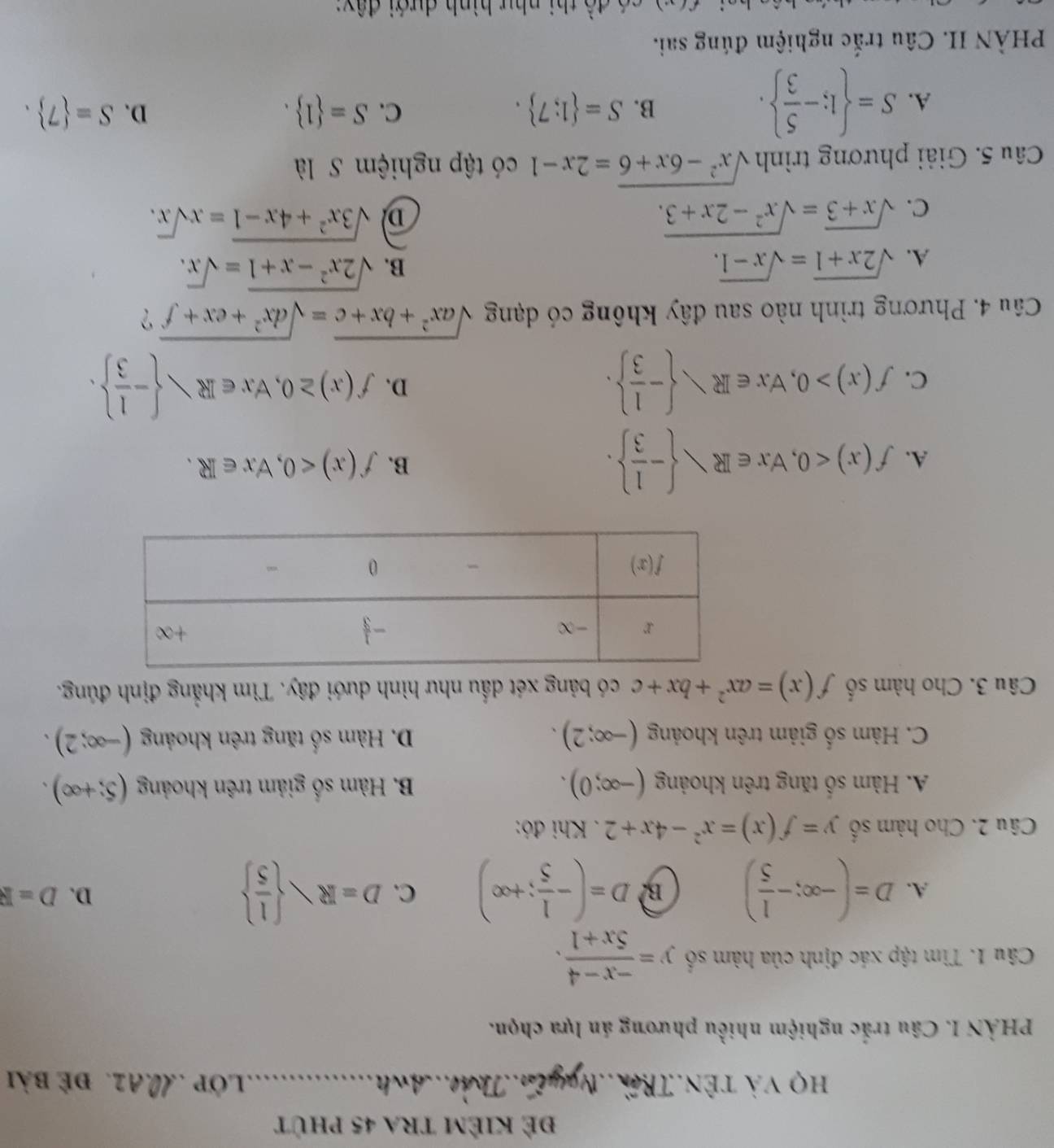 Đẻ kiÊm trA 45 phÚt
Họ Và TÊN.TRên..Ngyễn..Tháo...Anh._ ....... .Lớp .10.A2. đẻ bài
PHẢN I. Câu trắc nghiệm nhiều phương án lựa chọn.
Câu 1. Tìm tập xác định của hàm số y= (-x-4)/5x+1 .
A. D=(-∈fty ;- 1/5 ) B. D=(- 1/5 ;+∈fty ) C. D=R  1/5 
D. D=R
Câu 2. Cho hàm số y=f(x)=x^2-4x+2. Khi đó:
A. Hàm số tăng trên khoảng (-∈fty ;0). B. Hàm số giảm trên khoảng (5;+∈fty ).
C. Hàm số giảm trên khoảng (-∈fty ;2). D. Hàm số tăng trên khoảng (-∈fty ;2).
Câu 3. Cho hàm số f(x)=ax^2+bx+c có bảng xét dầu như hình dưới đây. Tìm khẳng định đúng.
B.
A. f(x)<0,forall x∈ Rsqrt(-frac 1)3 . f(x)<0,forall x∈ R.
C. f(x)>0,forall x∈ R<- 1/3  . f(x)≥ 0,forall x∈ R> - 1/3  .
D.
Câu 4. Phương trình nào sau đây không có dạng sqrt(ax^2+bx+c)=sqrt(dx^2+ex+f) ？
A. sqrt(2x+1)=sqrt(x-1).
B. sqrt(2x^2-x+1)=sqrt(x).
C. sqrt(x+3)=sqrt(x^2-2x+3).
D sqrt(3x^2+4x-1)=xsqrt(x).
Câu 5. Giải phương trình sqrt(x^2-6x+6)=2x-1 có tập nghiệm S là
A. S= 1;- 5/3  .
B. S= 1;7 . C. S= 1 . D. S= 7 .
PHÀN II. Câu trắc nghiệm đúng sai.
só đ ề thị như hình dưới đây: