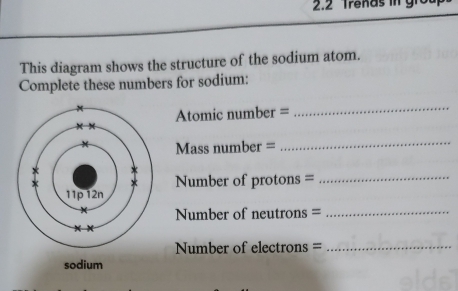 2.2 Trenas i g r 
This diagram shows the structure of the sodium atom. 
Complete these numbers for sodium: 
Atomic number = 
_
Mass number =
_ 
Number of protons =_ 
Number of neutrons =_ 
Number of electrons =_