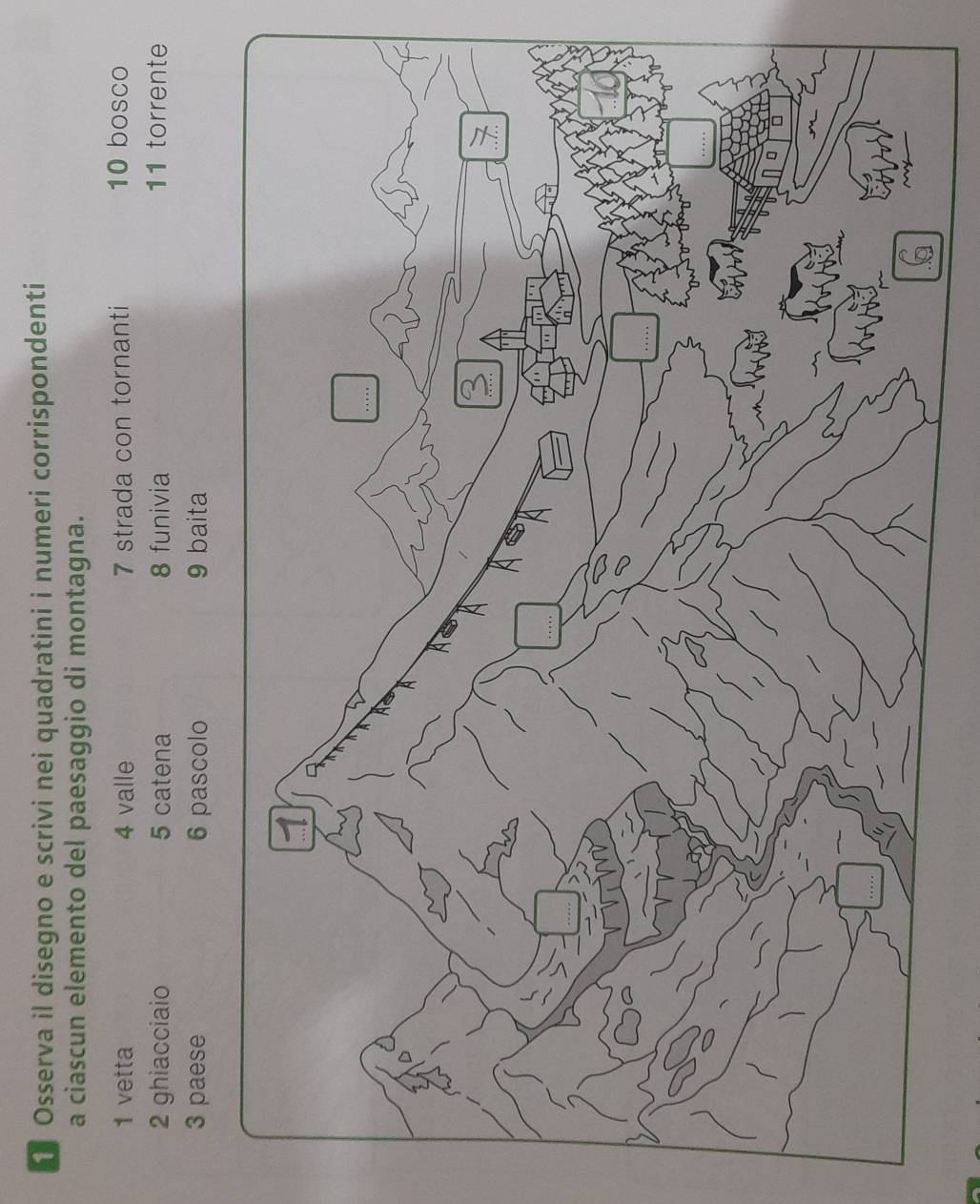 Osserva il disegno e scrivi nei quadratini i numeri corrispondenti 
a ciascun elemento del paesaggio di montagna. 
1 vetta 4 valle 7 strada con tornanti 10 bosco 
2 ghiacciaio 5 catena 8 funivia 11 torrente 
3 paese 6 pascolo 9 baita