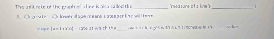 The unit rate of the graph of a line is also called the _(measure of a line’s_ ). 
A _O greater O lower slope means a steeper line will form. 
slope (unit rate) = rate at which the_ -value changes with a unit increase in the_ -value