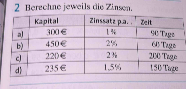 Berechne jeweils die Zinsen.