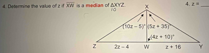 Determine the value of z if overline XW