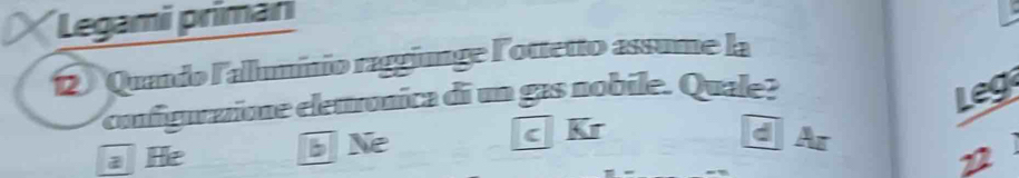 Legami primani 
2 Quando lallumínio raggiunge lottetto assume la 
configurazione eletronica di un gas nobile. Quale? Leg 
a He Ne c Kr 
Ar 
22