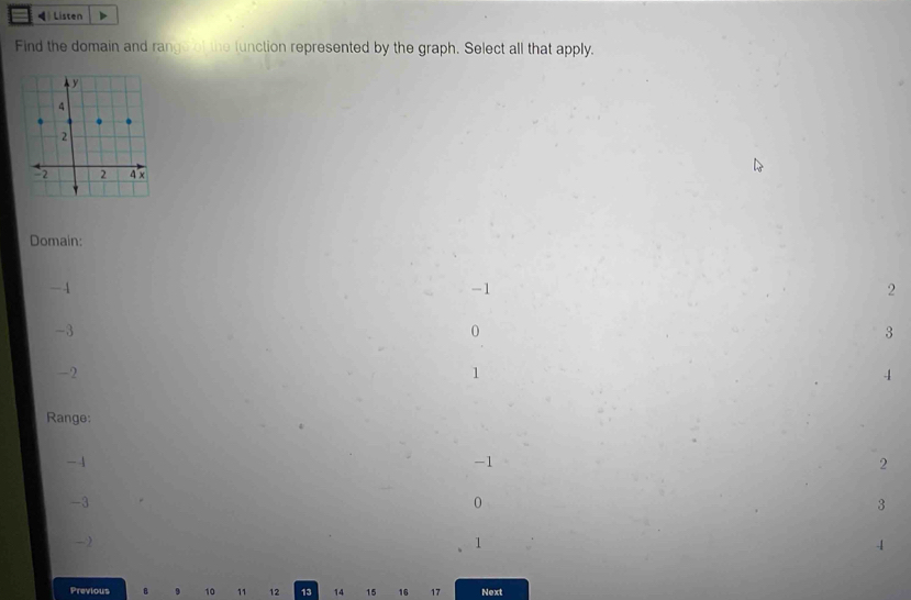 ◀ Listen
Find the domain and range of the function represented by the graph. Select all that apply.
Domain:
-4
-1
2
-3
0
3
-2
1
4
Range:
-1
-1
2
-3
0
3
-)
1
4
Previous 10 11 12 13 14 15 16 17 Next
