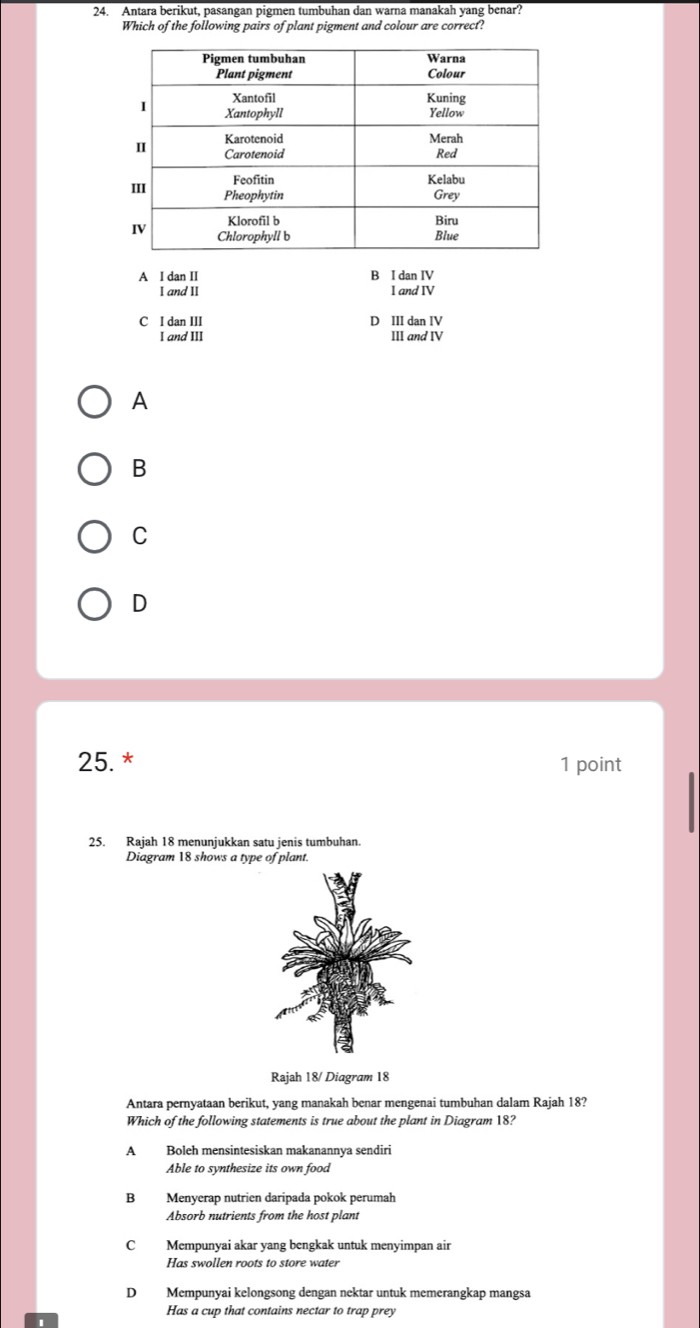 Antara berikut, pasangan pigmen tumbuhan dan warna manakah yang benar?
Which of the following pairs of plant pigment and colour are correct?
A I dan II B beginarrayr IdanIV 1andIVendarray
I and II
C I dan III D III dan IV
I and III III and IV
A
B
C
D
25. * 1 point
25. Rajah 18 menunjukkan satu jenis tumbuhan.
Diagram 18 shows a type of plant.
Rajah 18/ Diagram 18
Antara pernyataan berikut, yang manakah benar mengenai tumbuhan dalam Rajah 18?
Which of the following statements is true about the plant in Diagram 18?
A Boleh mensintesiskan makanannya sendiri
Able to synthesize its own food
B Menyerap nutrien daripada pokok perumah
Absorb nutrients from the host plant
C Mempunyai akar yang bengkak untuk menyimpan air
Has swollen roots to store water
D Mempunyai kelongsong dengan nektar untuk memerangkap mangsa
Has a cup that contains nectar to trap prey