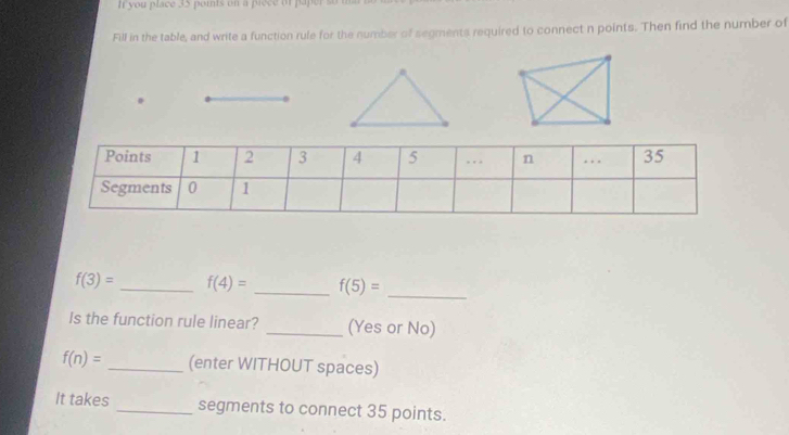 It you place 35 points on a piece of paper so 
Fill in the table, and write a function rule for the number of segments required to connect n points. Then find the number of
f(3)= _ f(4)= _ f(5)= _ 
Is the function rule linear? _(Yes or No)
f(n)= _(enter WITHOUT spaces) 
It takes _segments to connect 35 points.