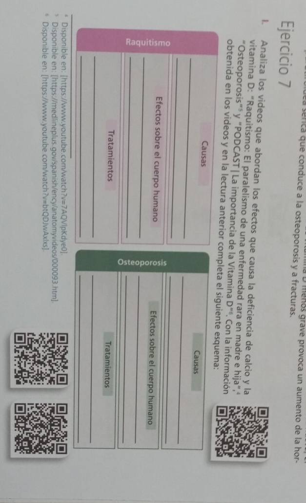 à D menos grave provoca un aumento de la hor- 
a sérica que conduce a la osteoporosis y a fracturas. 
Ejercicio 7 
l. Analiza los videos que abordan los efectos que causa la deficiencia de calcio y la 
vitamina D: “Raquitismo: El paralelismo de una enfermedad rara en madre e hija”, 
“Osteoporosis”⁵ y “PODCAST | La importancia de la Vitamina D''^circ  . Con la información 
obtenida en los videos y en la lectura anterior completa el siguiente esquema: 
_ 
Causas Causas 
_ 
_ 
_ 
_ 
__a 
Efectos sobre el cuerpo humano Efectos sobre el cuerpo humano 
_ 
Tratamientos Tratamientos 
_ 
_ 
_ 
_ 
Disponible en: [https://www.youtube.com/watch ?v=7A QVlpKdye0]. 
Disponible en: [https://medlineplus.gov/spanish/ency/anatomyvideos/000093.htm]. 
Disponible en: [https://www.youtube.com/watch ?v=b tQDJwAxlxs].