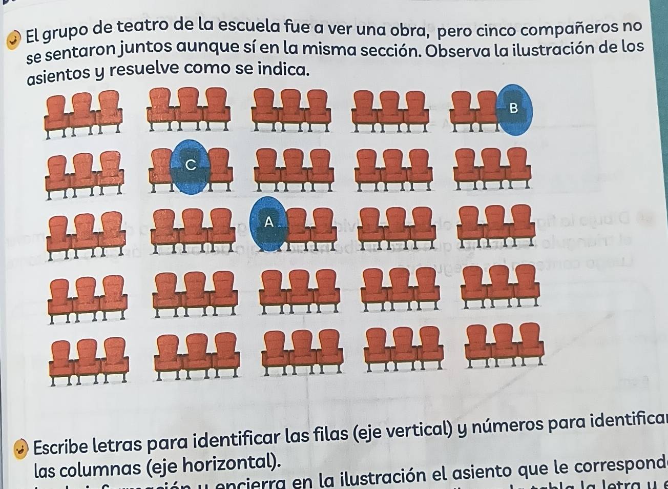 El grupo de teatro de la escuela fue a ver una obra, pero cinco compañeros no 
se sentaron juntos aunque sí en la misma sección. Observa la ilustración de los 
asientos y resuelve como se indica. 
Escribe letras para identificar las filas (eje vertical) y números para identificar 
las columnas (eje horizontal). 
ncierra en la ilustración el asiento que le correspond