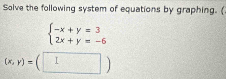 Solve the following system of equations by graphing. (
beginarrayl -x+y=3 2x+y=-6endarray.
(x,y)=(□ )