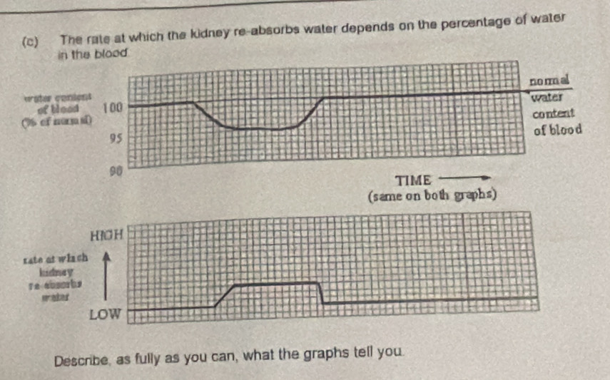 The rate at which the kidney re-absorbs water depends on the percentage of water 
in the blood. 
norm al 
vater conions 
of bleed 100
(% of nern d) water 
content
95
of blood
90
TIME 
(same on both graphs) 
HICH 
rate at whi ch 
kidney 
re ausorhs 
maker 
LOW 
Describe, as fully as you can, what the graphs tell you