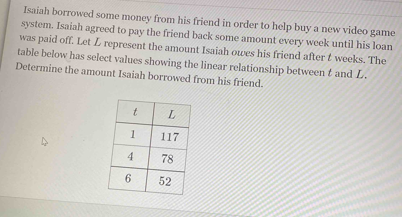 Isaiah borrowed some money from his friend in order to help buy a new video game 
system. Isaiah agreed to pay the friend back some amount every week until his loan 
was paid off. Let L represent the amount Isaiah owes his friend after t weeks. The 
table below has select values showing the linear relationship between t and L. 
Determine the amount Isaiah borrowed from his friend.