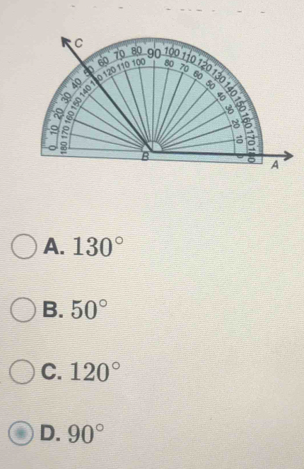 A. 130°
B. 50°
C. 120°
D. 90°