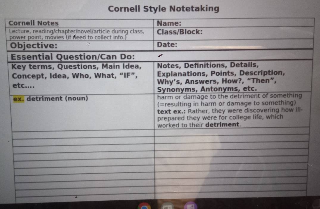 Cornell Style Notetaking