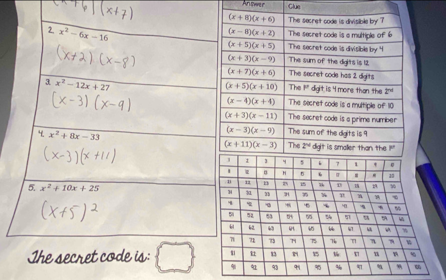 Answer Clue
2. x^2-6x-16
3. x^2-12x+27
4. x^2+8x-33
5. x^2+10x+25