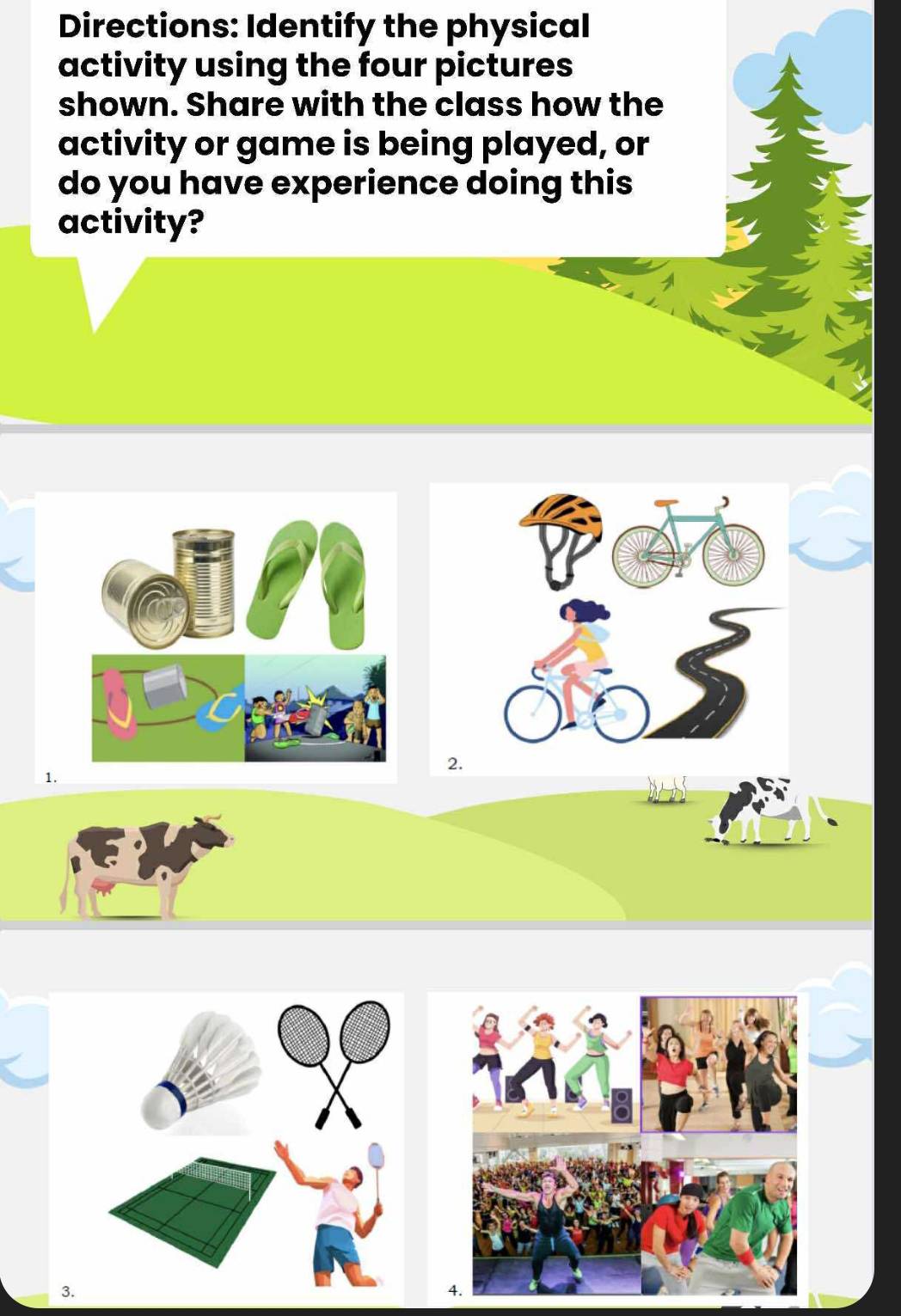 Solved: Directions: Identify the physical activity using the four ...