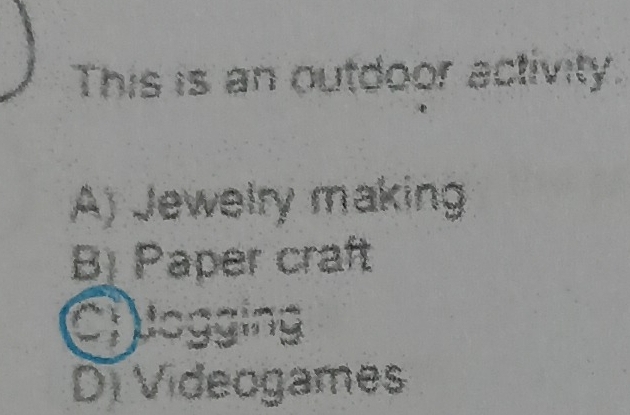 This is an outdoor activity.
A) Jewelry making
B) Paper craft
Clogging
Di Videogames